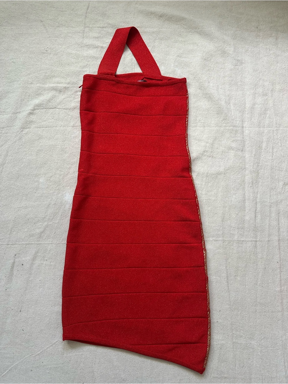 Bebe Addiction Red/Gold Foil Bandage Mini Dress Halter Neck Asymmetrical Hem XS - Picture 10 of 11